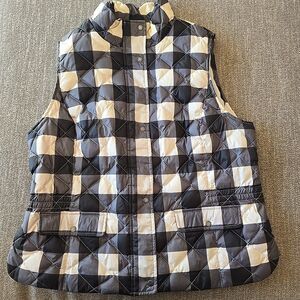 Talbots Down Filled Puffer Plaid Vest Pockets Womens XL Black & White Full Zip